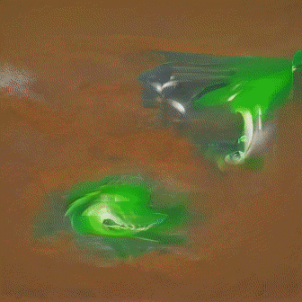 green fire truck spinning in black hole