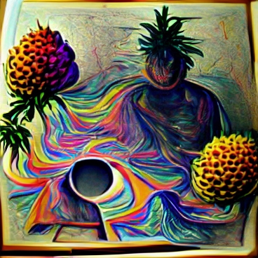 A painting of a pineapple in a fruit bowl