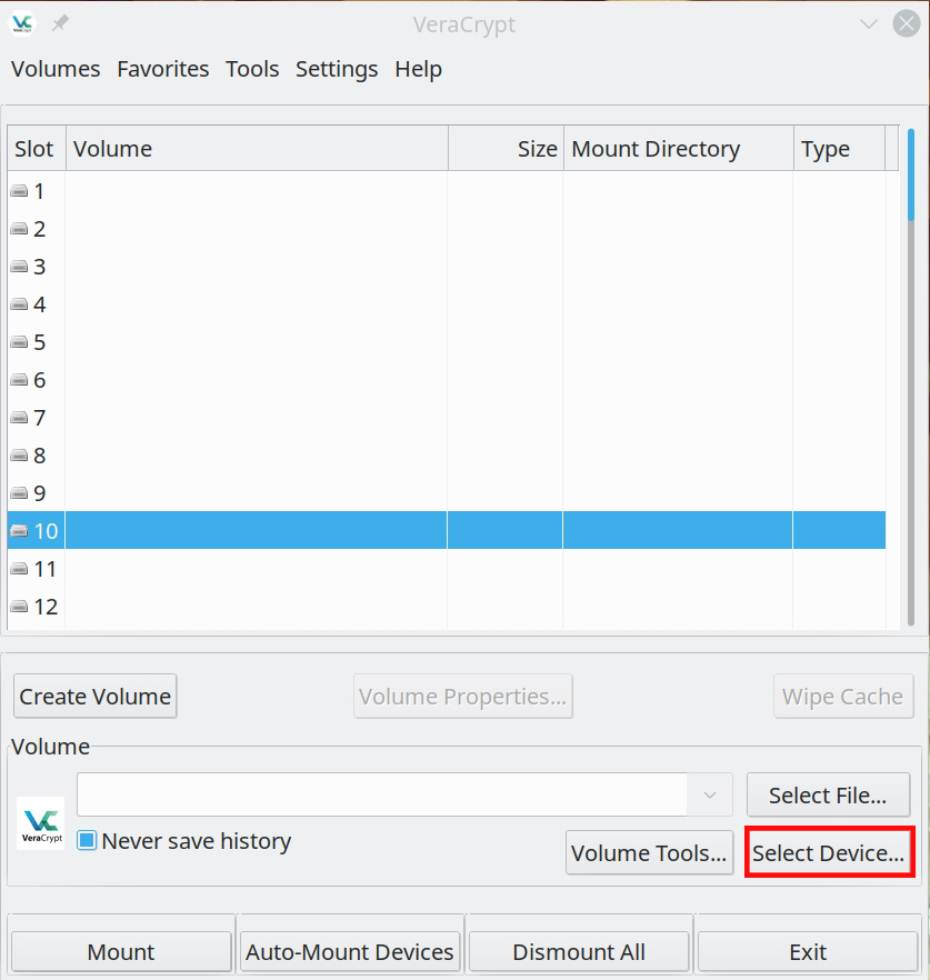 veracrypt encryption screen