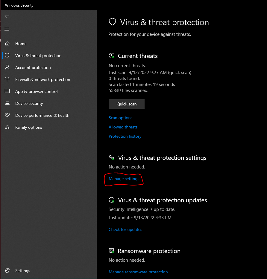 manage virus & threat protection settings