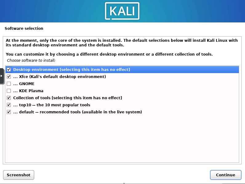 select kali software to install