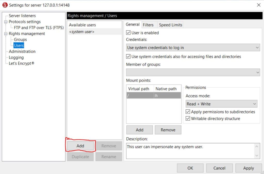 create a ftp user account