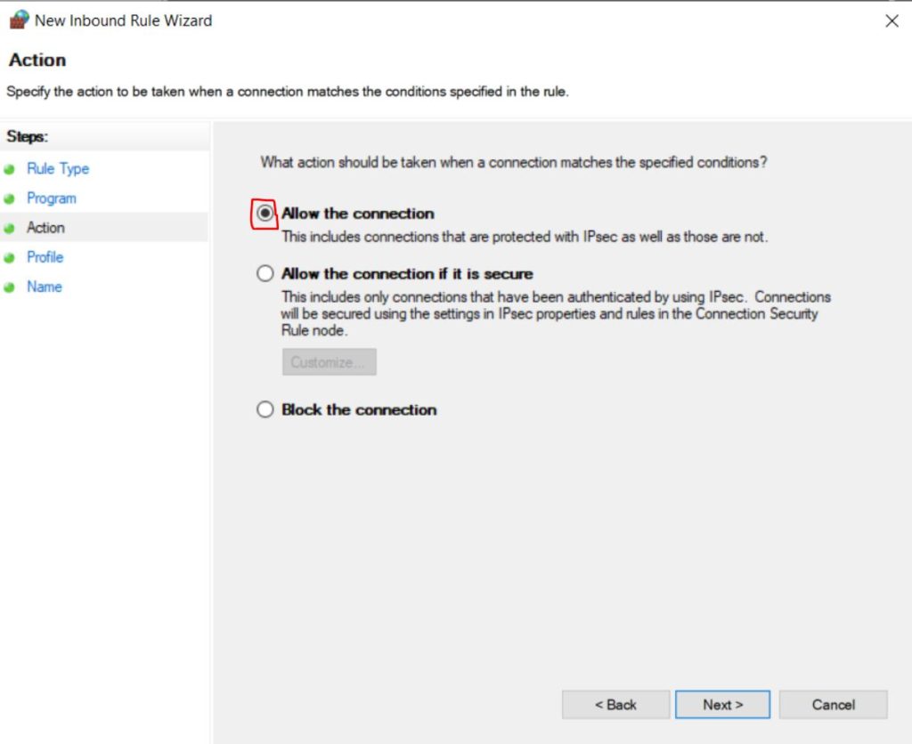 set firewall to allow connection