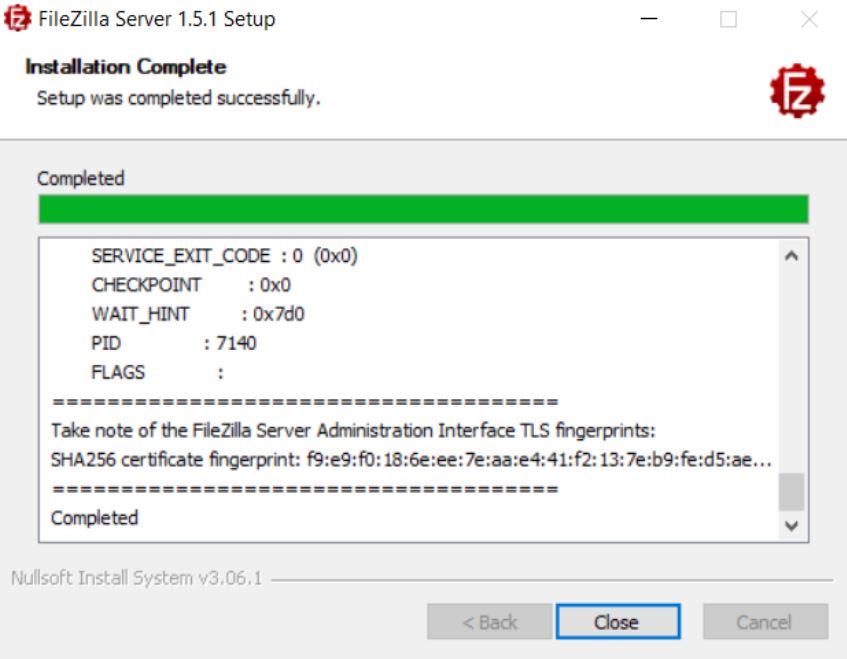 filezilla server install finished